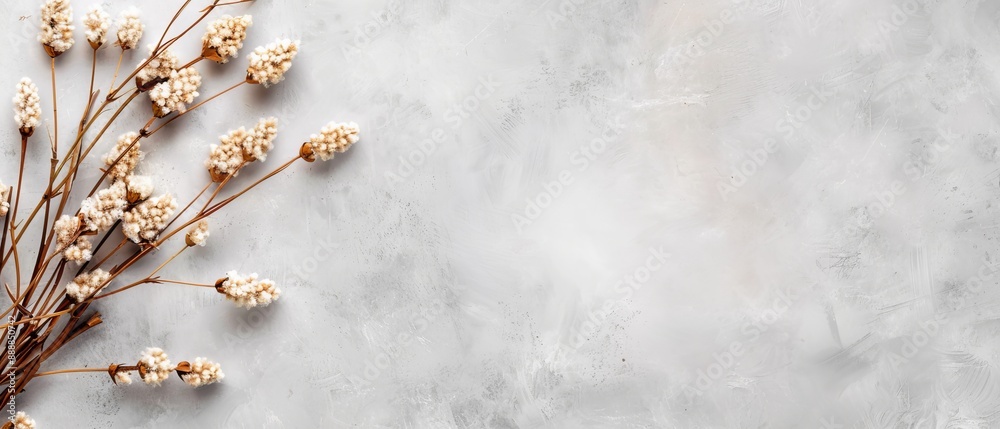 A collection of dried flowers atop a pristine white counter, accompanied by a steaming mug of coffee on a saucer A collection of dried flowers atop a pristine white counter, accompanied by a steaming mug of coffee on a saucer