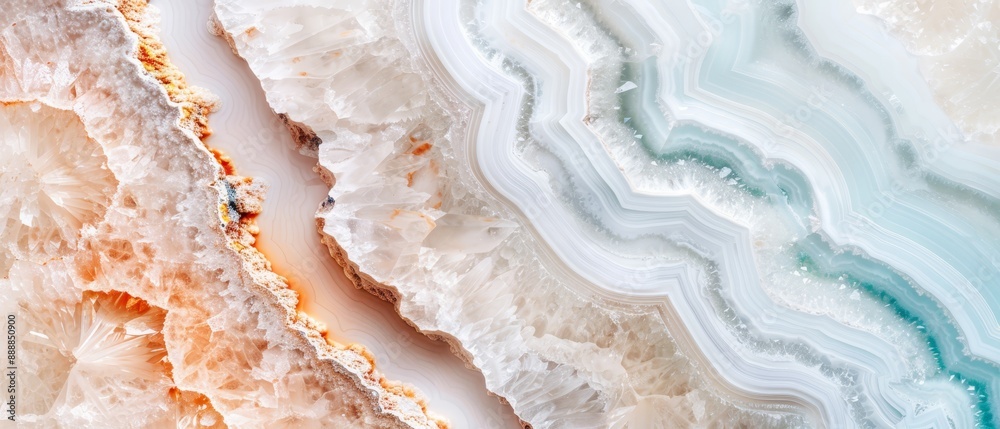 A detailed view of an artwork composed of apparent white, blue, and orange marble segments A detailed view of an artwork composed of apparent white, blue, and orange marble segments