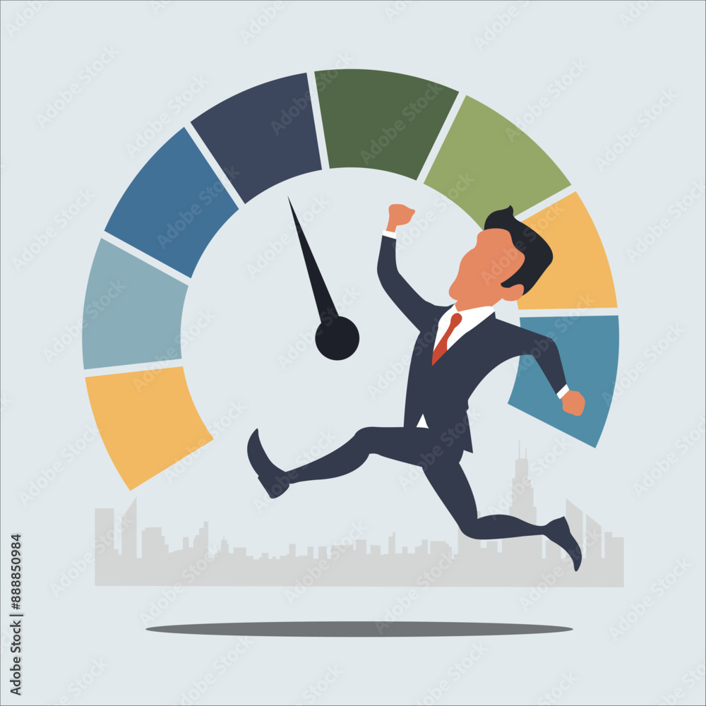 a happy businessman in a suit runs towards the center of a stylized pie chart target, cityscape silhouette in the background. vector art, customer satisfaction with mete a happy businessman in a suit runs towards the center of a stylized pie chart target, cityscape silhouette in the background. vector art, customer satisfaction with mete