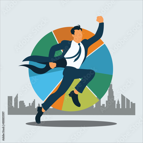 a happy businessman in a suit runs towards the center of a stylized pie chart target, cityscape silhouette in the background. vector art, customer satisfaction with mete