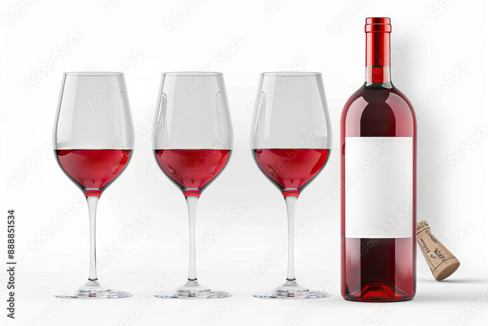Elegant red wine bottle with label space flanked by three glasses, set against a white background, ideal for advertisements and tastings. Elegant red wine bottle with label space flanked by three glasses, set against a white background, ideal for advertisements and tastings.
