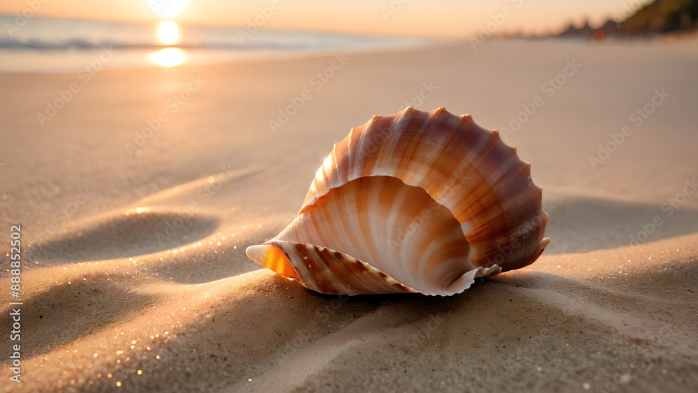 A close-up of a seashell on the sand on the beach in the back-light of sunset