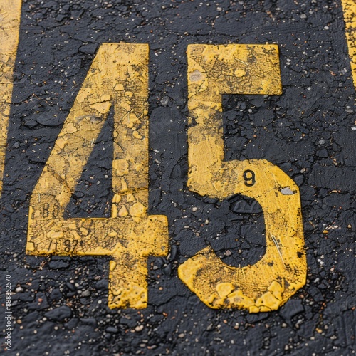 Weathered 45 Road Marking on Asphalt. Anniversary, birthday, symbol concept image. photo