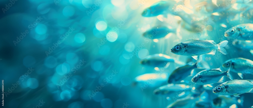 Fototapeta premium A school of fish swimming in unison near the water's surface, surrounded by rising bubbles from the depths below