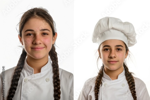 An spanish girl image of 18 years old. The image is divided into two halves. In one half she is dressed normally, and in the other half as a cook