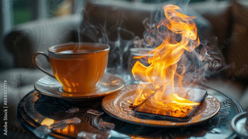 A scene of tranquility within a home is disrupted by an overheated smartphone, its fire illuminating the dangers of a malfunctioning battery. A scene of tranquility within a home is disrupted by an overheated smartphone, its fire illuminating the dangers of a malfunctioning battery.