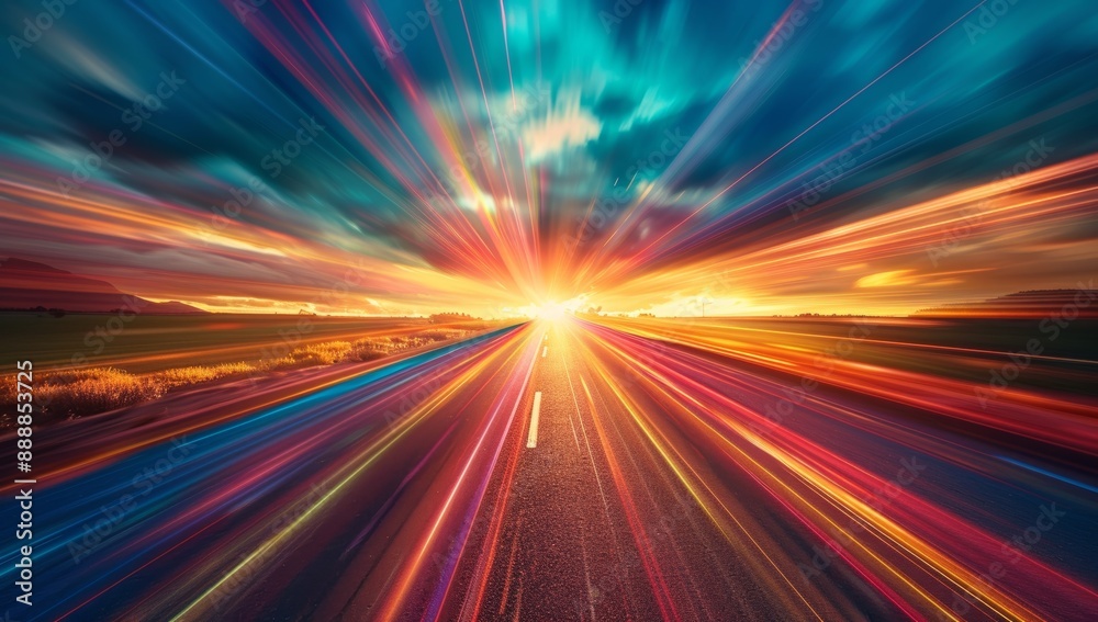 Obraz premium Colorful light trails on a country road at sunset