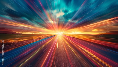 Colorful light trails on a country road at sunset