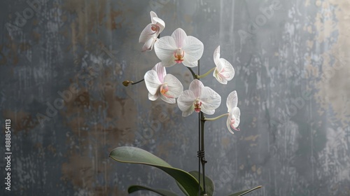 Paphiopedilun henryanum orchid on gray backdrop photo