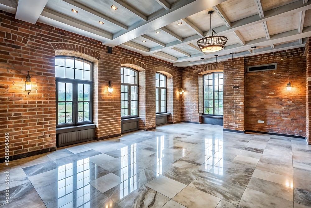 Spacious Loft Interior With Brick Walls And Marble Floor. Spacious Loft Interior With Brick Walls And Marble Floor.