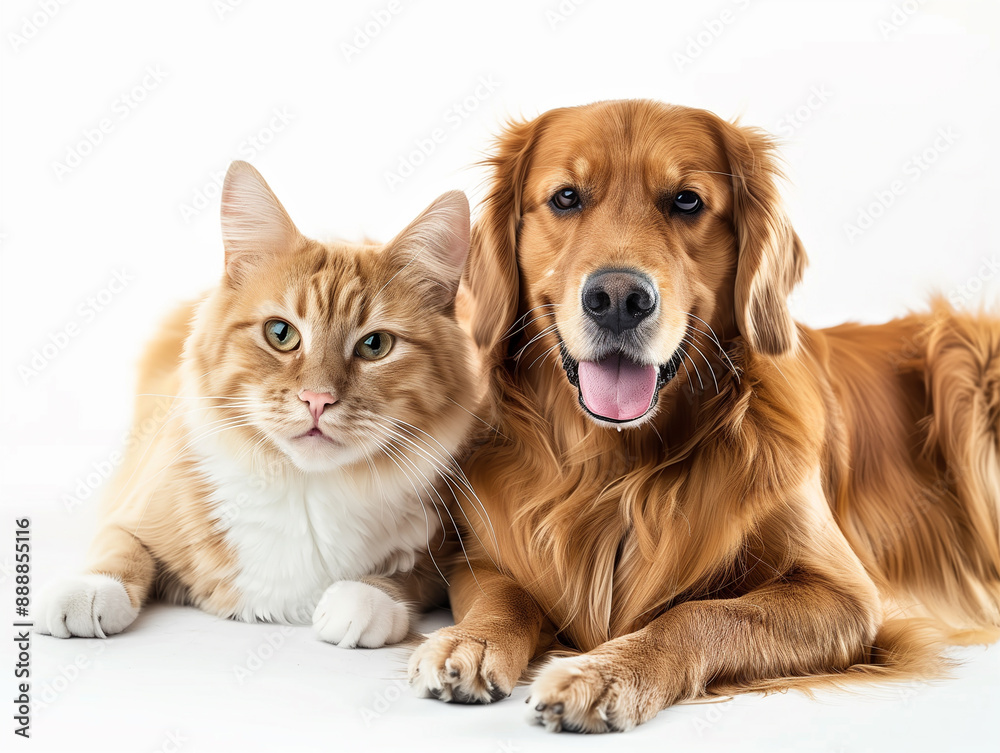 Cute dog and cat sitting together on isolated white background - ai generative Cute dog and cat sitting together on isolated white background - ai generative