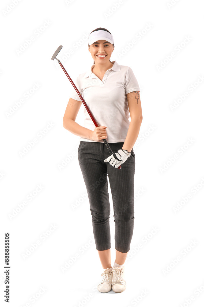 Beautiful female golfer on white background Beautiful female golfer on white background