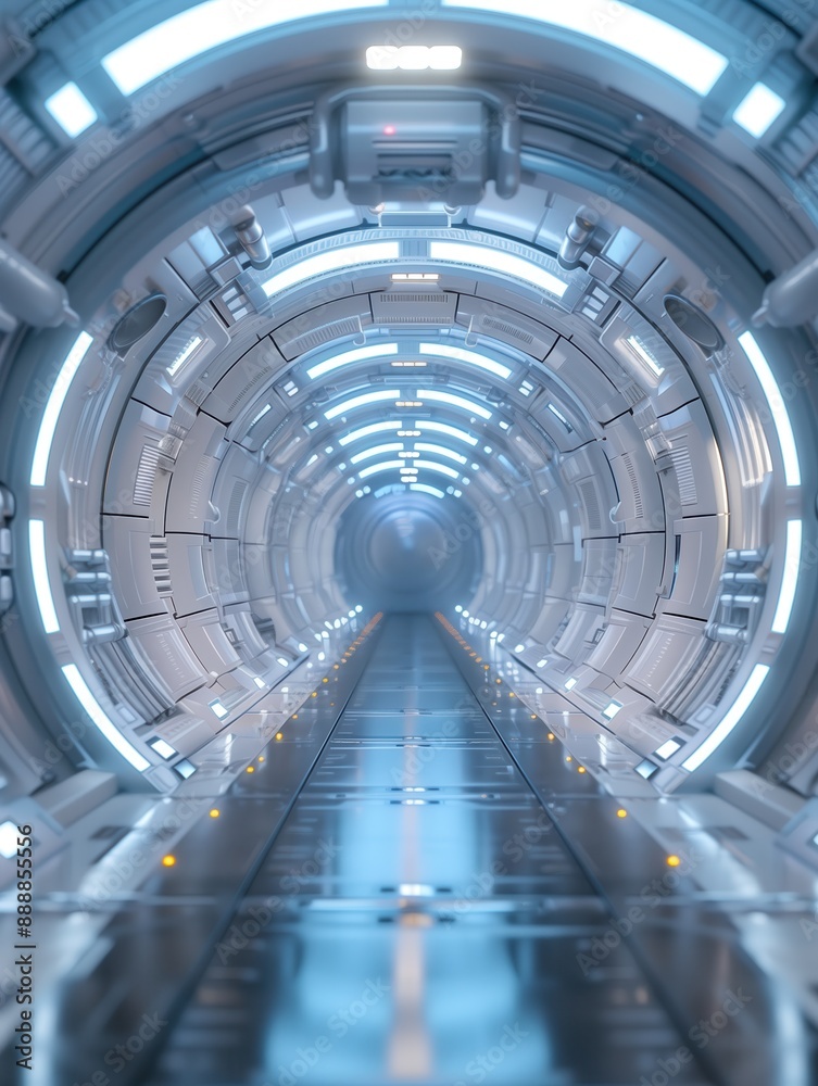 Futuristic space station corridor glowing with blue lights, seamless metallic design, advanced technological ambiance, curved walls with intricate details enhancing a sci-fi aesthetic Futuristic space station corridor glowing with blue lights, seamless metallic design, advanced technological ambiance, curved walls with intricate details enhancing a sci-fi aesthetic