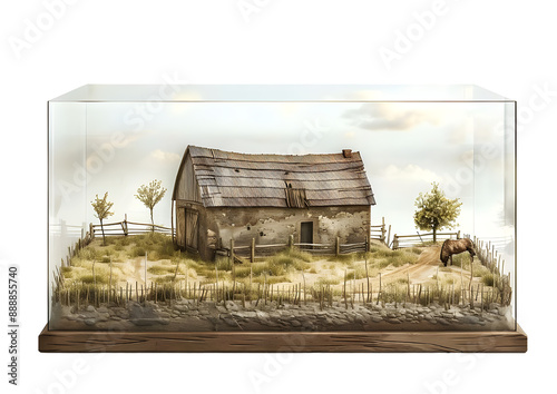 Abandoned wooden cabin in rural landscape as showpiece. Isolated on a transparent background photo