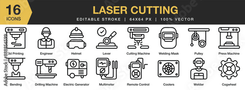 Set of 16 Laser Cutting icon set. Editable Stroke Icon Collection. Includes 3d printing, bending, coolers, helmet, multimeter, lever, and More. Outline icons vector collection.