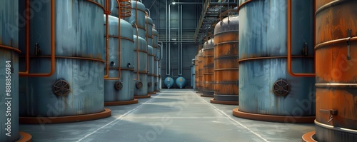 Industrial interior with rows of large metal tanks.