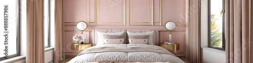 Modern classic bedroom, pink wall paneling, golden accents, large bed, panoramic window, luxury interior, 3D rendering. © pick pix