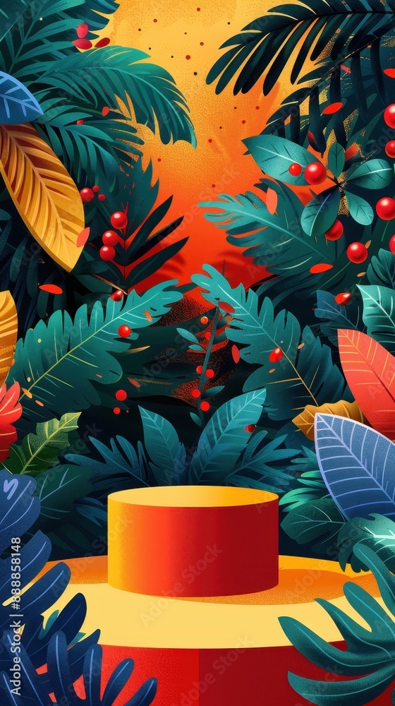 Naklejka premium Tropical Foliage with Red Berries and a Podium