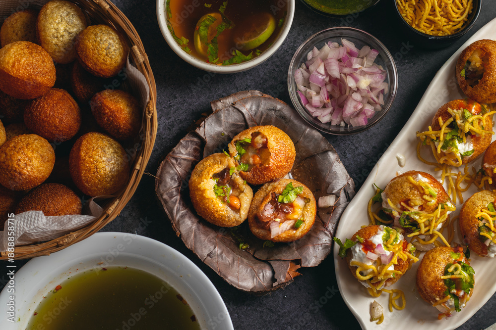 Exploring the Tangy, Spicy, and Refreshing Delight of Pani Puri. India's Favourite Street Food Experience. Selective focus. Exploring the Tangy, Spicy, and Refreshing Delight of Pani Puri. India's Favourite Street Food Experience. Selective focus.