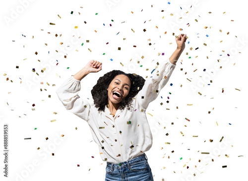 Canvas Print Happy woman with confetti falling everywhere on her isolated transparent PNG, Bi