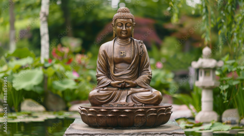 A statue of a Buddha sitting on a lotus flower A statue of a Buddha sitting on a lotus flower