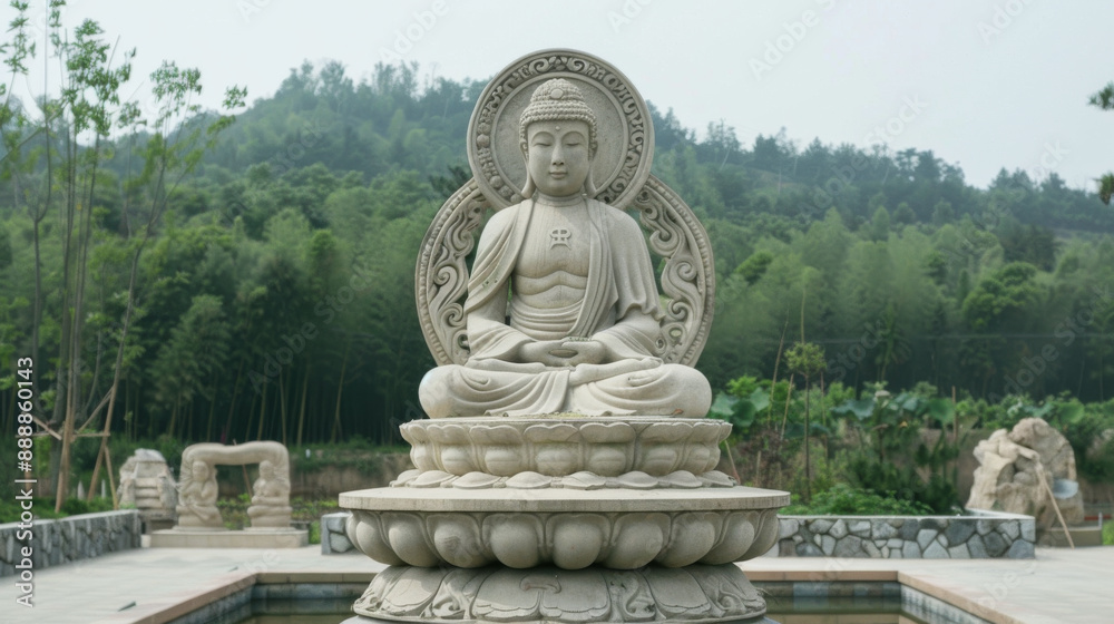 A statue of a Buddha is sitting in a pond A statue of a Buddha is sitting in a pond