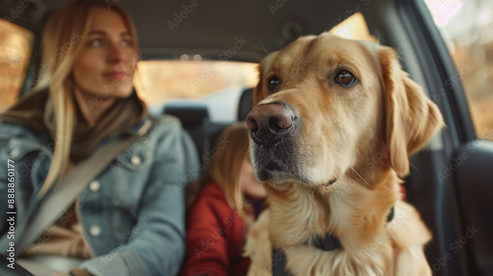 Family road trip with a golden retriever in the car, woman and child enjoying the journey with their pet in the front seat. Family road trip with a golden retriever in the car, woman and child enjoying the journey with their pet in the front seat.
