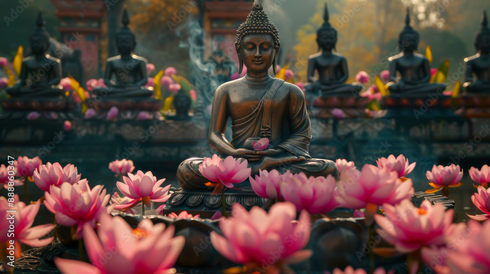 A statue of a Buddha is surrounded by pink flowers A statue of a Buddha is surrounded by pink flowers