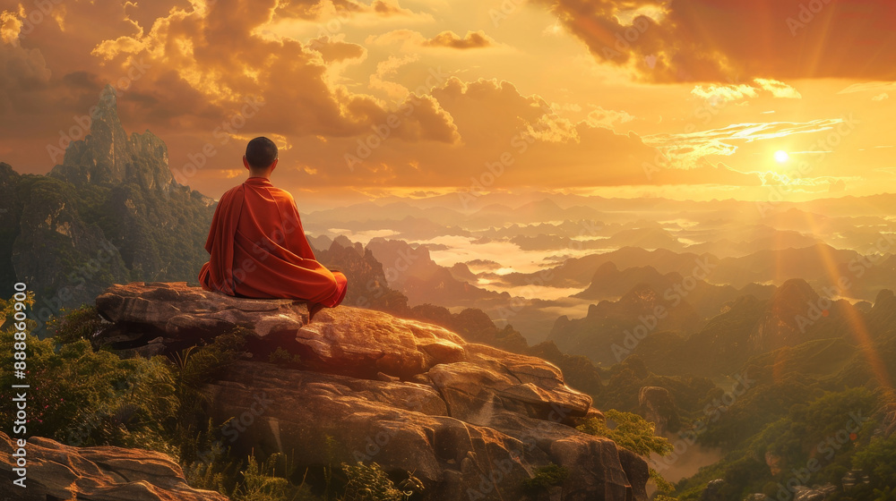 Obraz premium A man is sitting on a rock overlooking a beautiful landscape