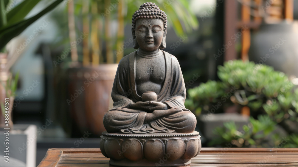 A statue of a Buddha sitting on a table A statue of a Buddha sitting on a table