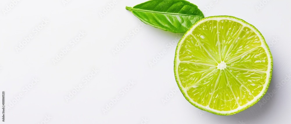 A lime halved, garnished with a green leaf, on a white backdrop A lime halved, garnished with a green leaf, on a white backdrop