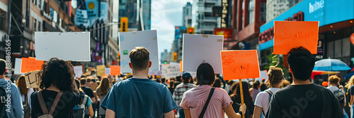 Manifestantes segurando placas e marchando nas ruas