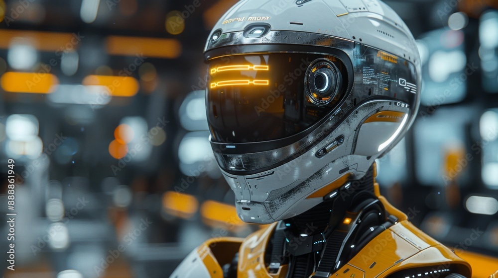 Futuristic ai robot with illuminated helmet - generative ai Futuristic ai robot with illuminated helmet - generative ai