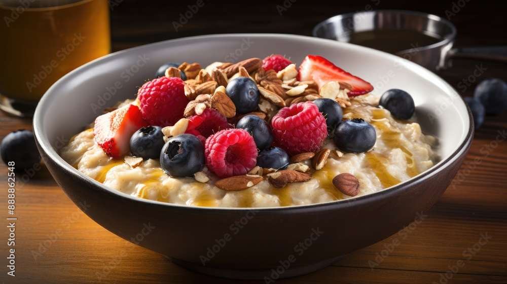 Photograph of a bowl of oatmeal topped with fresh berries, nuts, and a drizzle of honey Photograph of a bowl of oatmeal topped with fresh berries, nuts, and a drizzle of honey