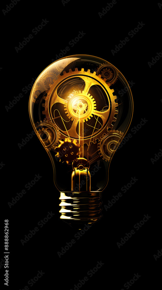 A yellow light bulb with gears inside A yellow light bulb with gears inside