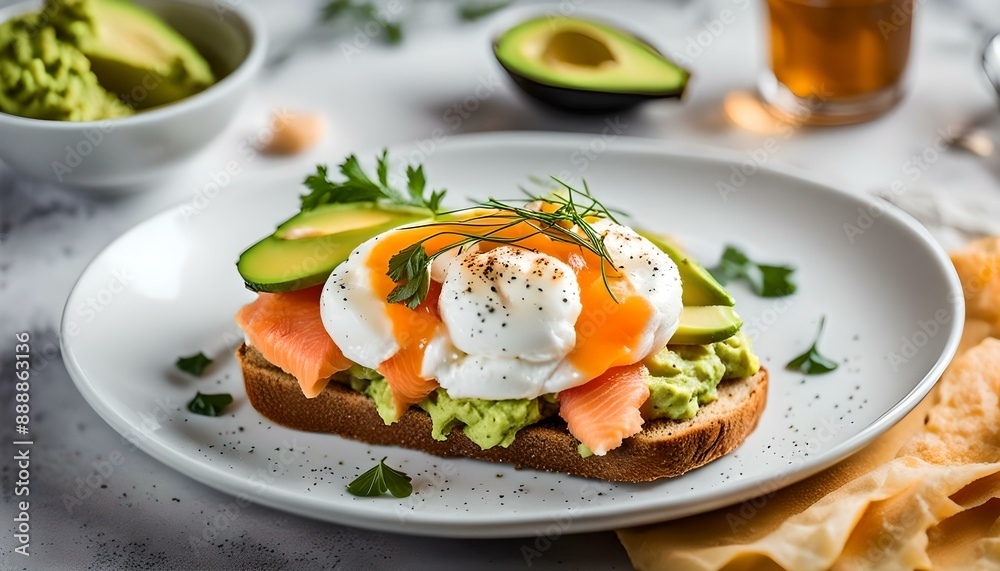 Toast with salmon, poached egg and avocado on a white plate. Poached egg with salmon and guacamole on rye bread.
Toast with salmon, poached egg and avocado on a white plate. Poached egg with salmon and guacamole on rye bread.