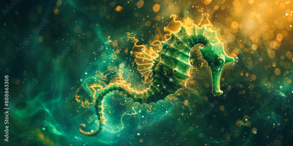 Fantasy digital artwork of a glowing seahorse in a green and gold underwater setting, creating a magical and enchanting atmosphere Fantasy digital artwork of a glowing seahorse in a green and gold underwater setting, creating a magical and enchanting atmosphere