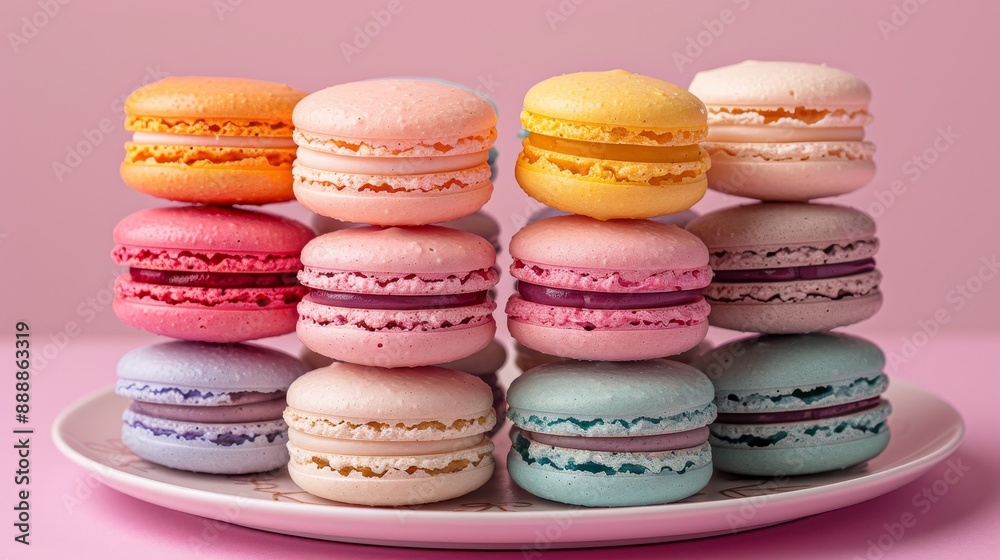 Colorful Macaroons tower on pink background,group stack tower ,Macaroons with cream in the middle,French cuisine, candy, holiday, new year and food concept,Home made Traditional french dessert. Colorful Macaroons tower on pink background,group stack tower ,Macaroons with cream in the middle,French cuisine, candy, holiday, new year and food concept,Home made Traditional french dessert.