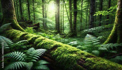 Green moss close up, forest landscape blured background. Sochi National Park, Yew-boxwood grove