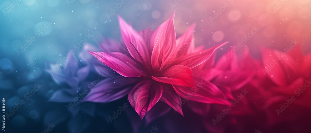 A pink bloom against a backdrop of blue and red, softened by a blurred, radiant light behind A pink bloom against a backdrop of blue and red, softened by a blurred, radiant light behind