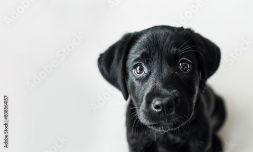 Close-up portrait of a sad black Labrador puppy looking directly at the camera with a white background, capturing an emotional and touching moment © Юлия Падина