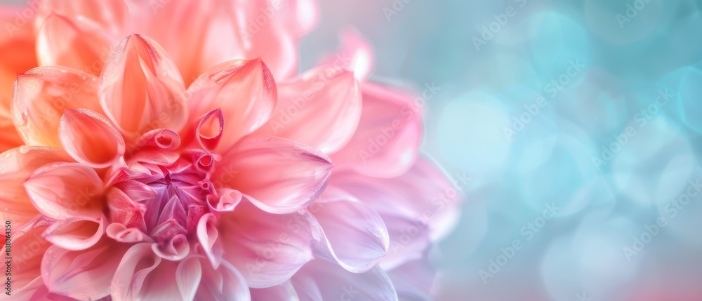  A tight shot of a pink blossom against a backdrop of blue and pink Background includes a bouquet of lights