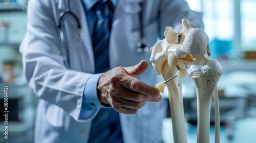 Close-up of an orthopedic doctor pointing to the meniscus on a knee joint model