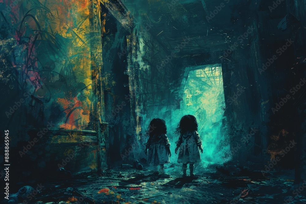 Obraz premium Two Girls in a Haunted House