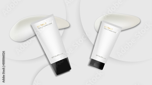 Cosmetic Tube Banner AD Design for Sun Protection Products: Sunscreen, Moisturizer, and Body Lotion and Cream on white Background. Vector.