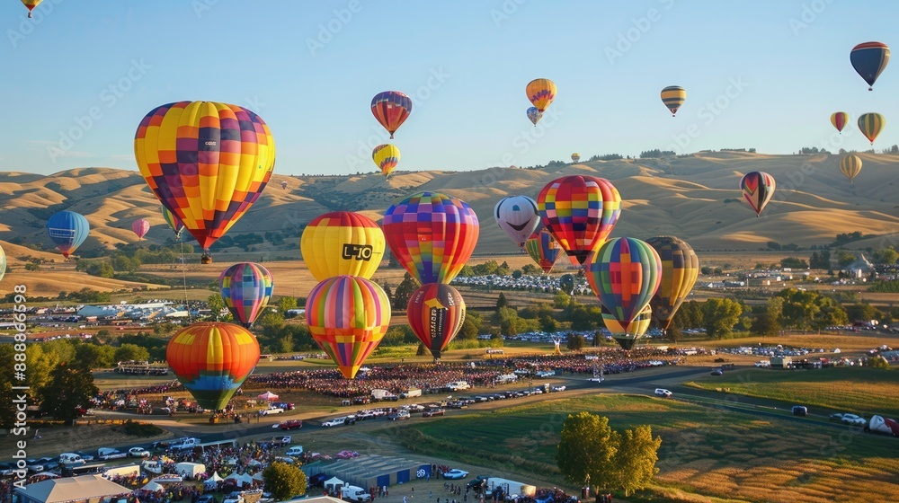 Fototapeta premium Photograph of a colorful hot air balloon festival, with dozens of balloons rising into the sky against a backdrop of rolling hills.