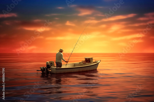 A fisherman on a boat at sunset uses a spinning rod to catch a fish in a stormy river or lake.