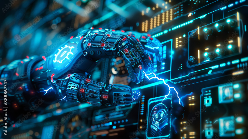 Advanced technology involving electronics in the digital realm, including batteries, lightning bolts, and protective gloves, represented as a stylized illustration. Advanced technology involving electronics in the digital realm, including batteries, lightning bolts, and protective gloves, represented as a stylized illustration.