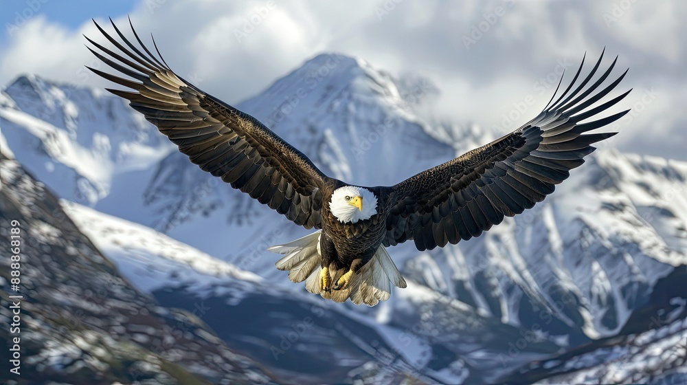 Naklejka premium Photograph of a majestic bald eagle soaring through the skies, its wings outstretched against the backdrop of a snow-capped mountain range.