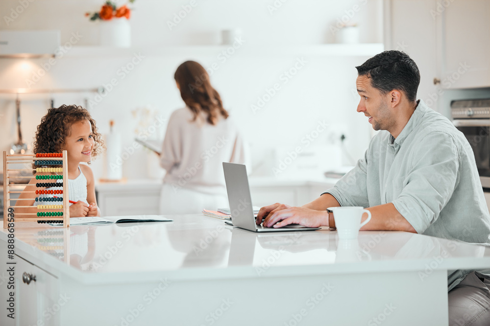 Homework, girl and father with laptop, parents and conversation with planning, smile and time together. Family, apartment and dad with daughter, computer and discussion with education and learning Homework, girl and father with laptop, parents and conversation with planning, smile and time together. Family, apartment and dad with daughter, computer and discussion with education and learning